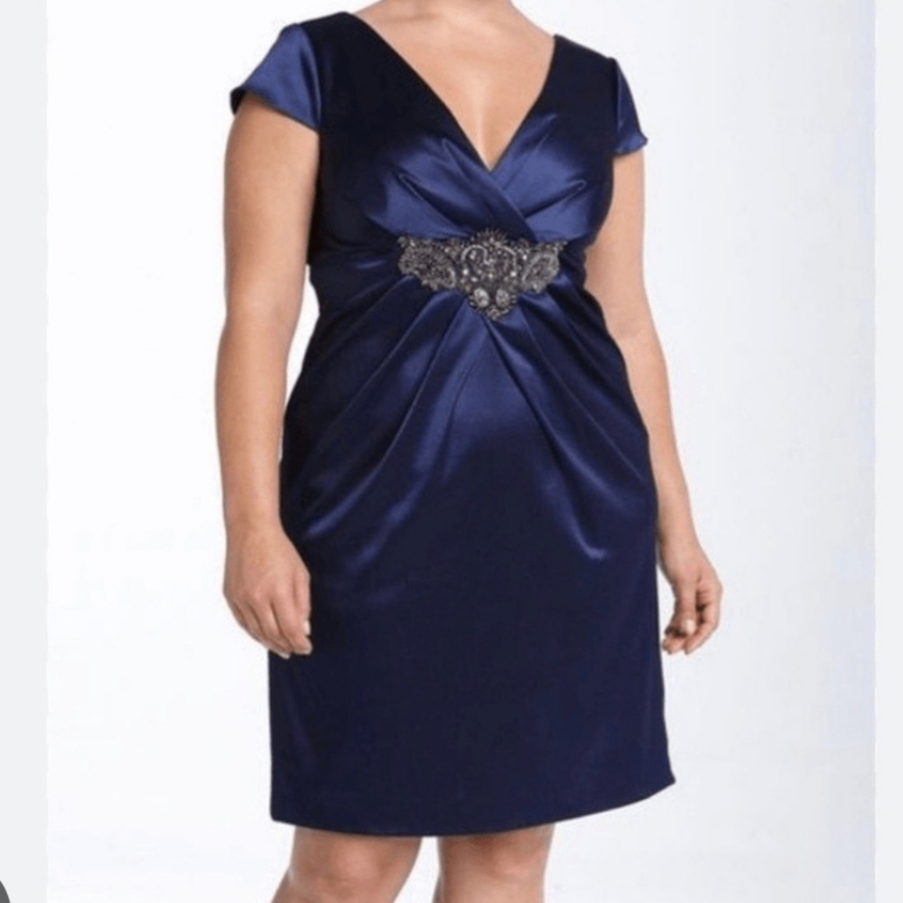 JS Collections Elegant Blue Dress with Embellished Waist Size 16